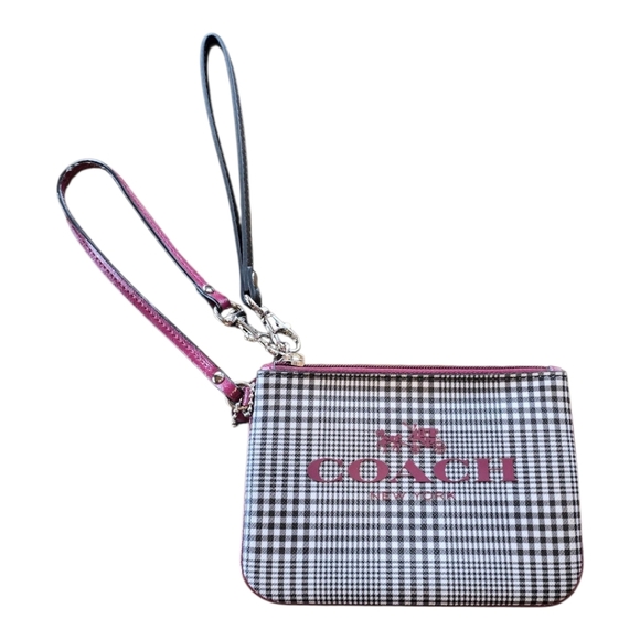 Coach Peyton Burgundy Black White Glen Plaid Coated Canvas Wristlet - Picture 2 of 14